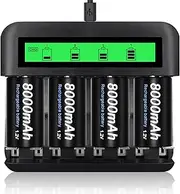 CITYORK 4 Pack 10000mAh Ni-MH Rechargeable D Size Batteries with 8 Bay 1.2v AA AAA C D LCD Universal Battery Charger