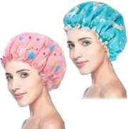 Shower Cap 2pcs, Double Layer Waterproof Shower Caps For Women Reusable Unicorn