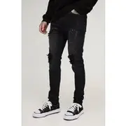 Mens Washed Black Tall Paint Splatter Biker Rip & Repair Zip Hem Skinny Jeans