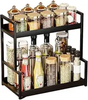 FOTN Carbon steel kitchen countertop seasoning spice storage rack, 2-tier cabinet desktop condiment can tank kitchen cutlery organizer shelf with knife slot (black, L)