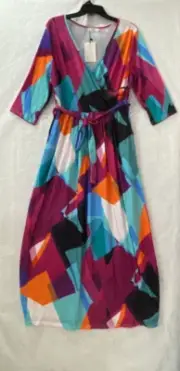 Pinup Fashion Geometric Maxi Dress Womans 16W V-neck 3/4 Sleeve Boho Patchwork
