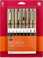 Sakura MICRON BRUSH GRAPHIC Pens 8 pc set ALL BLACK fine line 30067 PIGMA Color