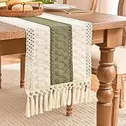 Aisybaklyn Table Runner Green Autumn Modern Boho Decorative Table Runner Tablecloth Crochet Lace Table Runner Vintage Tassel Table Runner for Holiday Party Wedding Birthday Kitchen Table Decoration 30