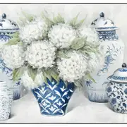 Framed Wall Art/Canvas White Hydrangea in Blue and White Jar