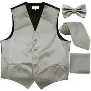 New Men's stripes Tuxedo Vest Waistcoat & necktie & Bow tie & Hankie Gray formal