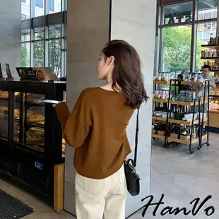 【HanVo】材質軟糯好摸到炸 V領排釦薄針織外套 簡約氣質開襟上衣薄外套罩衫 韓系韓國初秋單品 現貨女生衣著4905