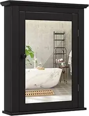 Giantex Mirrored Bathroom Cabinet, Wall Mount Wooden Medicine Storage Cabinet w/Single Door & Adjustable Shelf, Multipurpose Home Organizer 56 x 69 cm (Black)