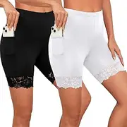 [H HIAMIGOS] Under Shorts for Dresses Satin Womens Underwear Boyshorts Lace Panties Anti Chafing Slip Shorts with Pockets