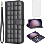 [Asuwish] Phone Case for Samsung Galaxy S23 FE 5G Wallet Case with Tempered Glass Screen Protector Wrist Strap Credit Card Holder Stand Flip Cell Cover Rubber S 23 EF S23FE 23S Women Men Girls Black
