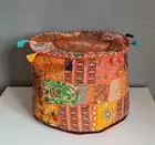 Pouf Ottoman Foot Stool Fabric Patchwork Embroidered Puffe Cover Indian Orange