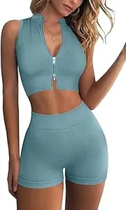 [Generic] Gym 2 Piece Yoga Sets for Women Zip Up Crop Tops Ribbed High Waist Booty Shorts Exercise Workout Outfits
