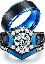 [ringheart] Couple Rings Black Matching Ring 1.5ct CZ Women Wedding Ring Sets for Him and Her Ring Sets Moon Ring
