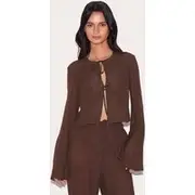 Brown Tie Front Detail Linen Look Beach Top, Brown