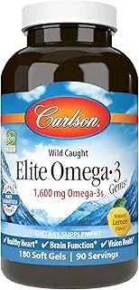 Carlson Labs Wild Caught Elite Omega-3 Gems Natural Lemon Flavor 1 600 mg 180 Soft Gels