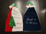 Pair of Christmas Reusable Fabric Drawstring Gift Bags 13.625" x 19.5", New