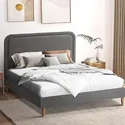 Oikiture Queen Size Bed Frame with Bed Head Fabric Bed Platfrom Grey