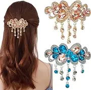 2 Pcs Butterfly Flower Tassel Hair Barrettes Large Rhinestone Hair Clip Vintage Crystal Sparkly Hair Clasps Spring Glitter Hairpin Bow Hair Accessories for Women (Champagne+Colorful)