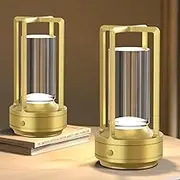 Portable Metal Table Lamp, Cordless Table Lamps, Rechargeable Battery Powered Portable LED Desk Lamp, Dimmable 3 Color Modes, for Restaurant, Bedroom, Bar, Camping Lights, 2PCS (Gold)