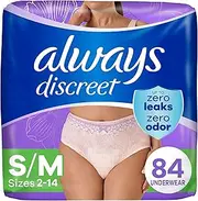 Always Discreet Adult Incontinence Underwear for Women and Postpartum Underwear, Small/Medium, up to 100% Bladder Leak Protection, 84 Count