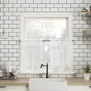 No. 918 Alison Floral Lace Sheer Rod Pocket Kitchen Curtain Tier Pair, 58" x 24", White