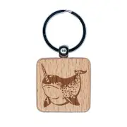 Spotted Narwhal Unicorn of the Sea Engraved Wood Square Keychain Tag Charm