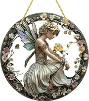 Window Sun Catcher, Painted Flower Fairy Stained Suncatcher, Colorful Flowers Hanging Acrylic Ornament for Garden, Indoor and Window Decor, 7.87×7.87in