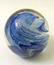 Blue Swirl Glass Paperweight Ball Flat Bottom Slight Glow in the Dark Phosphorus