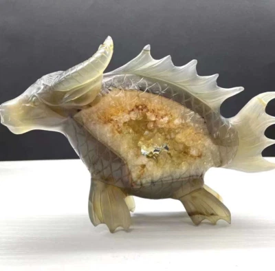 1pc Natural Agate Geode Quartz Buffalofish Skull Crystal Carved Reiki Gem decor
