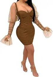 [Uni Clau] Women Sexy Mesh Sheer Puff Long Sleeve Mini Dress Bodycon Deep V Neck Patchwork Party Clubwear Dress