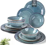 [AmorArc] Ceramic Dinnerware Sets, Handmade Stoneware Reactive Glaze Plates and Bowls Set, Scratch Resistant | Dishwasher & Microwave Safe Dishes Set, Service for 4 (12pc)