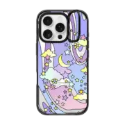 iPhone 16 Pro Impact Ring Stand Case MagSafe Compatible Transparent Pastel Trippy Swirls Moon Stars And Clouds 70s Retro Design