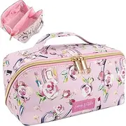 [Emma & Chloe] Compact Cosmetic Bag with Compartments | 6 Sections Waterproof Travel Toiletry Makeup Case for Women – 180° Easy Open Bag, Fresh Florals, Carry-On 10 Inch, Softside