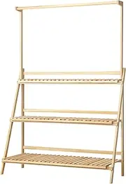 LI LIVSIP Wooden Plant Stand - 3-Tier Foldable Plant Shelf with Removable Hanging Bar for Indoor Outdoor Plants Flowers, Plant Holder Rack for Garden Balcony Living Room Corner, Wooden Colour