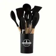 12-Piece Silicone Kitchen Utensil Set with Wooden Handles - Heat Resistant Cooking Tools and Gadgets, Includes Spoon, Spatula, Ladle, Whisk, and mo...