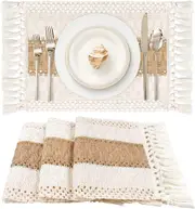Placemats Set of 4/6/8, Cream Beige Boho Place Mats with Tassels, Hand Woven Cotton and Burlap Splicing