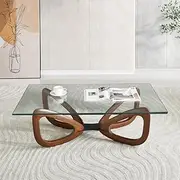 [Marco Furniture] Glass Coffee Table - Nordic Style 12 mm Transparent Tempered Glass Coffee Table Decor - Solid Ashwood Mid Century Modern Coffee Tables for Living Room (Rectangle - Walnut Wood)