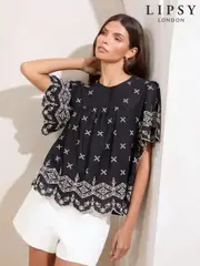 Lipsy Black Broderie Flutter Sleeve T-Shirt (AW3073) | $83