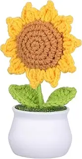 PACKOVE Knitted Sunflower Potted Plant Lifelike Decorative Crochet Flowers for Car Dashboard Home Decor Handmade Sunflower Bouquet in Pot for Elegant Office