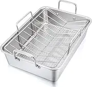 P&P CHEF 15 Roaster Roasting Pan with Baking Rack and V-shaped Rack, Stainless Steel Rectangular Lasagna Pan with Handles for Turkey Chicken, Heavy Duty & Healthy & Dishwasher Safe, 3 Pieces