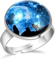 [Diusye] Open Adjustable Rings Anniversary Birthday Jewelry Gifts for Women Girls, Wolves Silhouette in Full Moon Blue Starry Sky