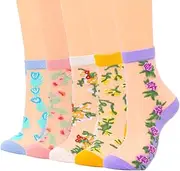 [Campsis] Sheer Socks Flower Sheer Ankle Socks Floral Patterned Mesh Socks Fashion Nylon Sock for Women and Girls(5 Pairs), A, 6-9