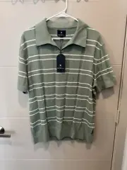 Ben Sherman Knit Polo Green With White Stripes Size Large