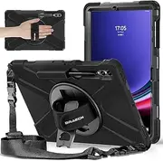 [BRAECNstock] for Samsung Galaxy Tab S10+ Plus/ S9 FE+ Plus/ S9+ Plus/ S8+ Plus/ S7 FE/ S7+ Plus 5G Tablet Case 12.4 inch Shockproof Protective Case with Pen Holder Rotating Stand & Hand Strap - Black