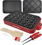 Multifunction Nonstick Baking Maker with 3 Interchangeable Baking Plates for Grill,Pan Cake and Cake Pops,Takoyaki Maker.RED