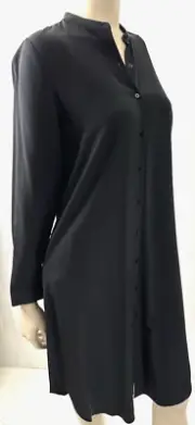 $398 Eileen Fisher Women XXS Black Silk Mandarin Collar Shirt Dress Tunic NEW