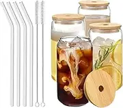 Drinking Glasses with Bamboo Lids and Glass Straw 4pcs Set - 16oz Glass Cups, Iced Coffee Glasses, Cute iced Tea Glasses, Beer Glasses, Ideal for Coffee Bar Accessories, Aesthetic Gift - 2 Brushes (4)