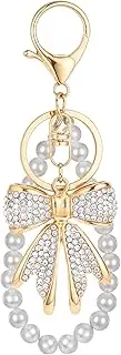[Xthrotsenk] Gold Bow Keychain White Rhinestone Bowknot Keychain Imitation Pearl Chains Bow Purse Charm Aesthetic Keychain Cute Keychain for Key Purse Bags Handbags Backpacks, White
