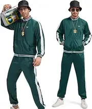 SlowTon Mens 80s 90s Costume - Retro Tracksuit Set Lightweight Green Long Sleeve Jacket Pant Set, Disco Outfit Sportswear Hip Hop Tracksuit Urbanwear Streetwear for Rock Festivals Carnival Party
