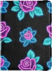 [Amooorous] Red and Blue Neon Fluorescent Roses Leather decorative travel wallet womens passport holder Travel Documents Organizer Protector Passport Case Ultra Slim, Red and blue neon fluorescent roses, 1 size