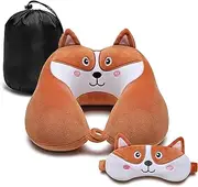 [PEKAD] Travel Pillow for Kids and Adults, Cute Animal Memory Foam Neck Pillow with Soft Fleece Cover and Eye Mask Set, Airplane Pillow Travel Kit with Drawstring Organizer Bag, Machine Washable (Puppy)